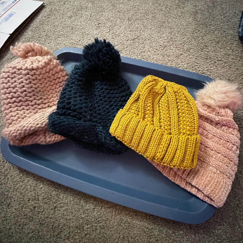 Cozy Kids Knit Beanie Set - Pink, Black, Yellow